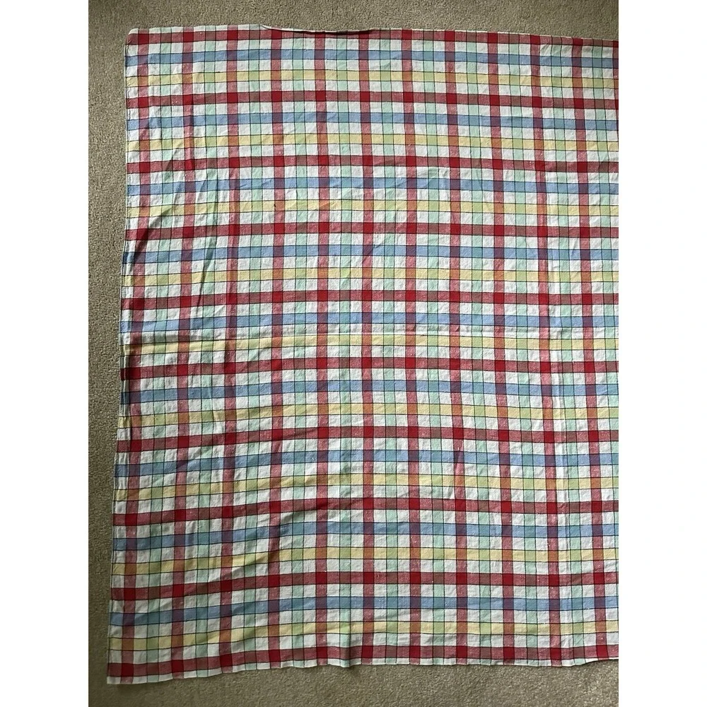 Vtg Soft TABLECLOTH 46x60 Red Yellow Blue Green Picnic Checkered Plaid EUC Slub